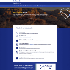 Southwest Airlines A-List Preferred web page