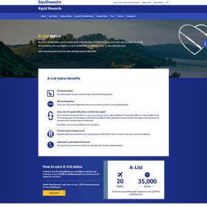 Southwest Airlines A-List webpage